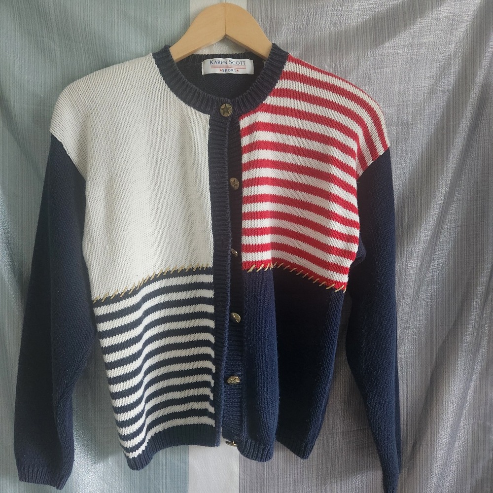 Karen Scott Sport Womens Striped Star Button Cardigan M Americana July Patriotic